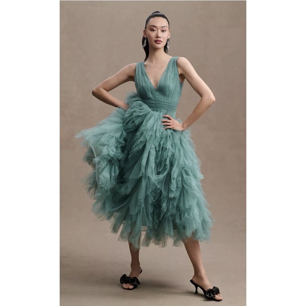 Mac Duggal 20411 Jade Green Tiered Ruffle Tulle Midi Dress Size 4 $598 - Picture 2 of 10